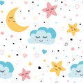 Seamless childish pattern with baby stars cloud moon Kids texture fabri wallpaper background Vector illustration