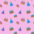 Seamless childish pattern with birthday cake and festive caps