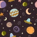 Seamless childish pattern with cartoon colorful planets, stars, decor elements on a neutral dark background. vector. hand drawing.