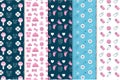 Seamless childish pattern collection with baby toys, heart shapes, and baby feeder icons. Endless baby pattern bundle decoration