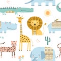 Seamless childish pattern with cute African animals. Scandinavian style kids texture for fabric, wrapping, textile.