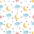 Seamless cute childish pattern with baby stars cloud moon Kids texture background Vector illustration