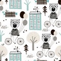 Seamless childish pattern with cute bears bicycling in the city. Creative kids texture for fabric, wrapping, textile, wallpaper,