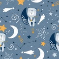 Seamless childish pattern with cute bears on clouds, moon, stars. Creative scandinavian style kids texture for fabric, wrapping,