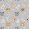 Seamless childish pattern with cute bears and plant branches. Baby texture for fabric, wrapping, textile, wallpaper