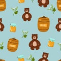 Seamless childish pattern with cute bears in the wood. Creative kids forest texture for fabric, wrapping, textile, wallpaper,