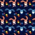 Seamless childish pattern with cute bunnies. Cartoon character of a rabbit boy and girl. Easter texture with bunnies and flowers