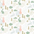 Seamless childish pattern with cute bunny silhouette in forest.