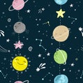 Seamless childish pattern with Cute cartoon moon, stars, comets and planet in the night sky. Good night vector pattern Royalty Free Stock Photo