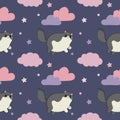 Seamless childish pattern with cute cats, clouds, stars. Baby texture for fabric, wrapping, textile, wallpaper, clothing.