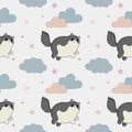 Seamless childish pattern with cute cats, clouds, stars. Baby texture for fabric, wrapping, textile, wallpaper, clothing.