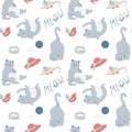 Seamless childish pattern with cute cats, mice, birds. Vector illustration