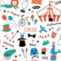 Seamless childish pattern with cute circus symbols. Shapito show with performance elements. Doodle hand drawn vector illustration