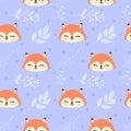 Seamless childish pattern with cute fox and plant branches. Baby texture for fabric, wrapping, textile, wallpaper, clothing.
