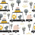 Seamless childish pattern with cute friends, lion, hippo, elephant in the car. Creative kids texture for fabric, wrapping, textile