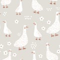 Seamless childish pattern with cute gooses on the meadow. Kids pastel texture with funny ducks. Vector illustration