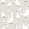 Seamless childish pattern with cute gooses on the meadow