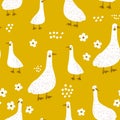 Seamless childish pattern with cute gooses on the meadow. Kids yellow texture with funny ducks. Vector illustration