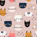 Seamless childish pattern with cute hand drawn cat faces. Creative kids hand drawn texture for fabric, wrapping, textile,