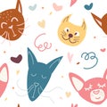 Seamless childish pattern with cute hand drawn face cats. Creative kids hand drawn texture for fabric, wrapping, textile,