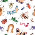 Seamless childish pattern with cute happy insects. Endless background with funny beetles, bugs, worms repeating print