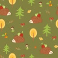Seamless childish pattern with cute hedgehog, apples, mushrooms. Creative woodland kids texture for fabric apparel