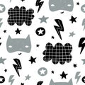 Seamless childish pattern with cute hero mask, flas, star,cloud. Creative kids texture for fabric, wrapping, textile, wallpaper,