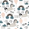 Seamless childish pattern with cute horses in the sky, rainbow. Creative kids texture for fabric, wrapping, textile, wallpaper,