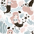 Seamless childish pattern with cute mermaids,seaweed, starfish. Undersea trendy texture.Perfect for fabric,textile,wrapping Royalty Free Stock Photo