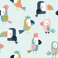 Seamless childish pattern with cute parrots and toucans. Scandinavian style kids texture for fabric, wrapping, textile.