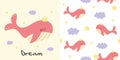Seamless childish pattern with a cute pink whale. Cute whale with a crown