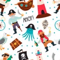 Seamless childish pattern with cute pirates, octopus, ship and lighthouse. Vector illustration