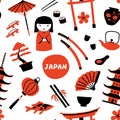 Seamless childish pattern with cute traditional japanese symbols. Travel to Japan. Funny doodle hand drawn vector illustration. Royalty Free Stock Photo