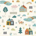 Seamless childish pattern with cute village. Cartoon farm landscape with country houses. Scandinavian style kids texture for fabri Royalty Free Stock Photo