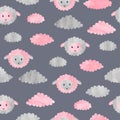 Seamless childish pattern with cute watercolor sheep and clouds