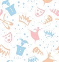 Seamless childish pattern with decorative elements of theater, ballet, fairy-tale. Baby cute background.