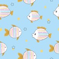 Seamless childish pattern with doodle striped fish. Royalty Free Stock Photo