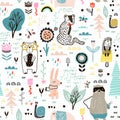 Seamless childish pattern with fairy flowers, bear,bunny, leopard, hedgehog.. Creative kids city texture for fabric, wrapping,
