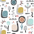 Seamless childish pattern with fairy flowers, snails, butterflies. Creative kids city texture for fabric, wrapping, textile,