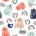 Seamless childish pattern with funny colorful cats and ranbows . Creative scandinavian kids texture for fabric, wrapping, textile