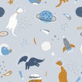 Seamless childish pattern with funny dino in a helmet in the space. Creative kids cosmos texture for fabric, wrapping, textile,