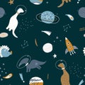 Seamless childish pattern with funny dino in a helmet in the space. Creative kids cosmos texture for fabric, wrapping, textile,