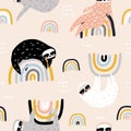 Seamless childish pattern with funny sloths on rainbows. Creative kids texture for fabric, wrapping, textile, wallpaper, apparel.