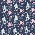 Seamless childish pattern with funny squids, octopuses, jellyfishes for nursery, baby shower, textile Royalty Free Stock Photo