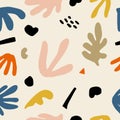 Seamless childish pattern with hand drawn abstract leaves and shapes. Creative scandinavian kids fabric, wrapping texture, textile