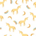 Seamless childish pattern with hand-drawn rainbow, unicorn vector illustration.