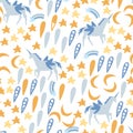 Seamless childish pattern with hand-drawn star, unicorn,rainbow vector illustration.