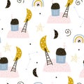 Seamless childish pattern with houses, starry sky, and stairs to the moons. Creative kids texture for fabric, wrapping, textile, Royalty Free Stock Photo