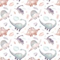 Seamless childish pattern with illustration of colorful dinosaurs, doodles, palm leaves isolated on white background