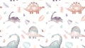 Seamless childish pattern with illustration of colorful dinosaurs, doodles, palm leaves isolated on white background Royalty Free Stock Photo